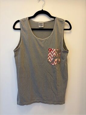 Comfort Colors TuskWear Tank Top Womens S Small Gray Chevron Pocket 100% Cotton